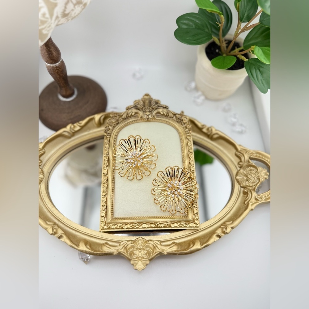 Statement Gold Flower Earrings with Cubic Zirconia – Bold Bloom Design - Picture 7 of 7